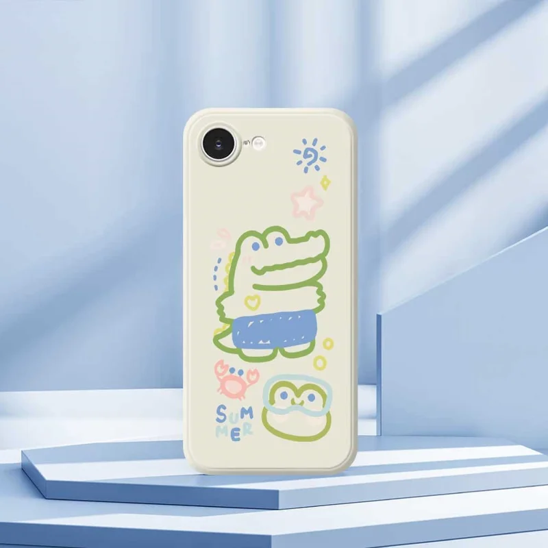 For iPhone 16e Case Frog Alligator Pattern Printing Straight Edge TPU Phone Back Cover - Beige