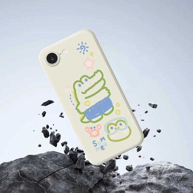 For iPhone 16e Case Frog Alligator Pattern Printing Straight Edge TPU Phone Back Cover - Beige