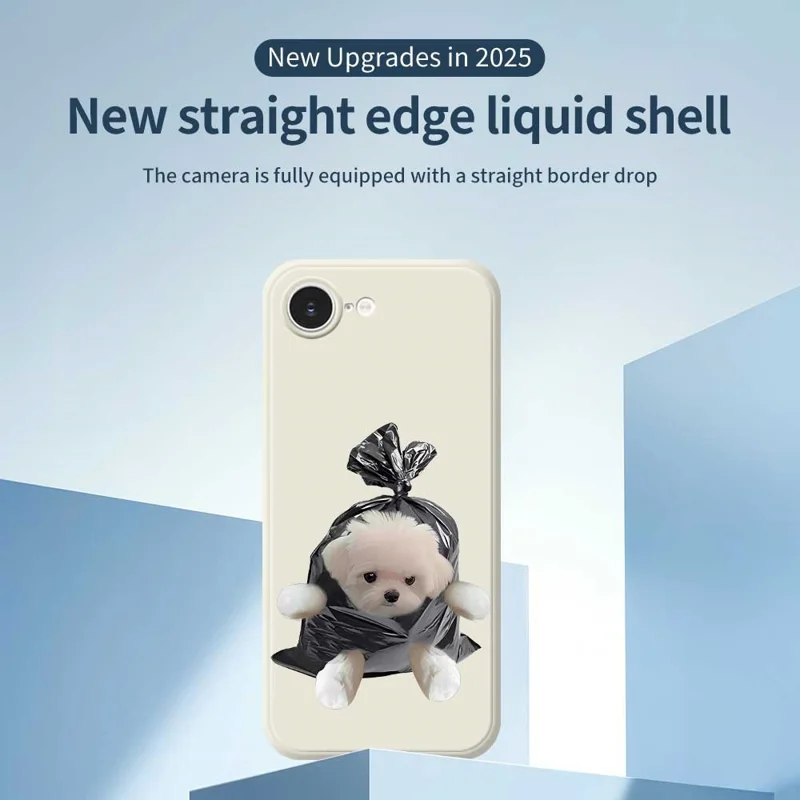 For iPhone 16e Case Garbage Bag Dog Pattern Printing Straight Edge TPU Phone Back Cover - Beige