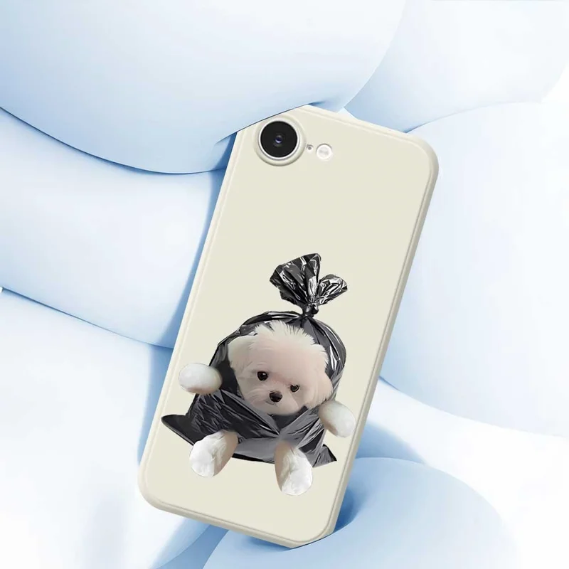 For iPhone 16e Case Garbage Bag Dog Pattern Printing Straight Edge TPU Phone Back Cover - Beige