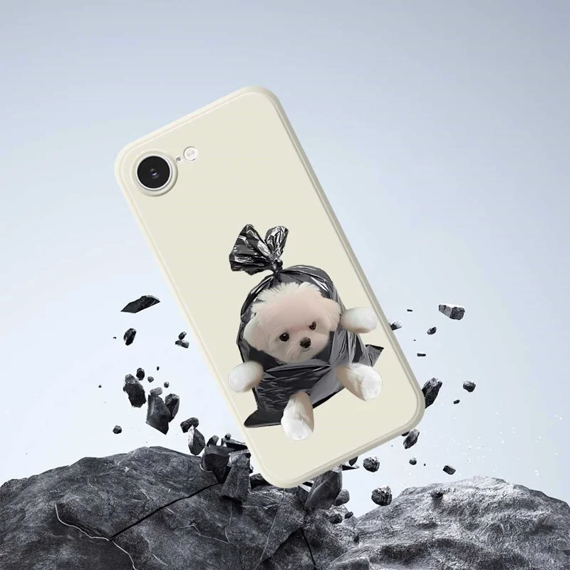 For iPhone 16e Case Garbage Bag Dog Pattern Printing Straight Edge TPU Phone Back Cover - Beige