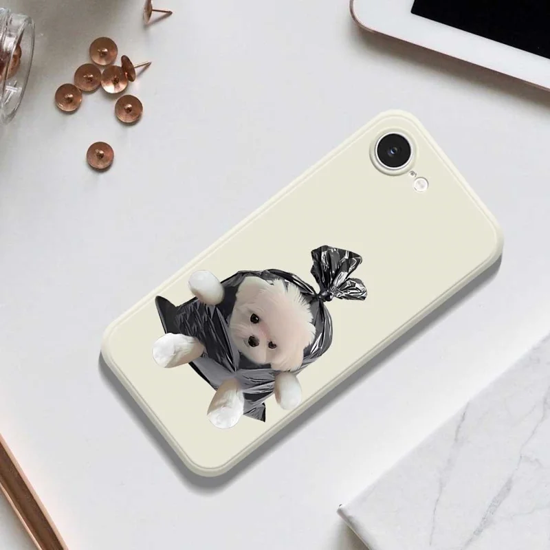 For iPhone 16e Case Garbage Bag Dog Pattern Printing Straight Edge TPU Phone Back Cover - Beige