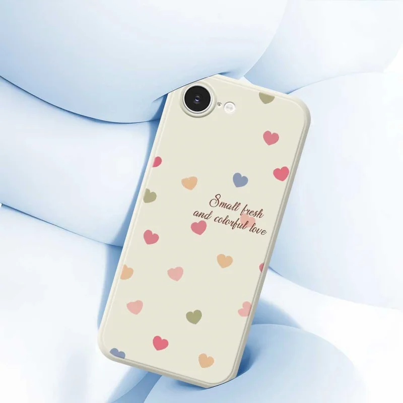 For iPhone 16e Case Colorful Love Pattern Printing Straight Edge TPU Phone Back Cover - Beige