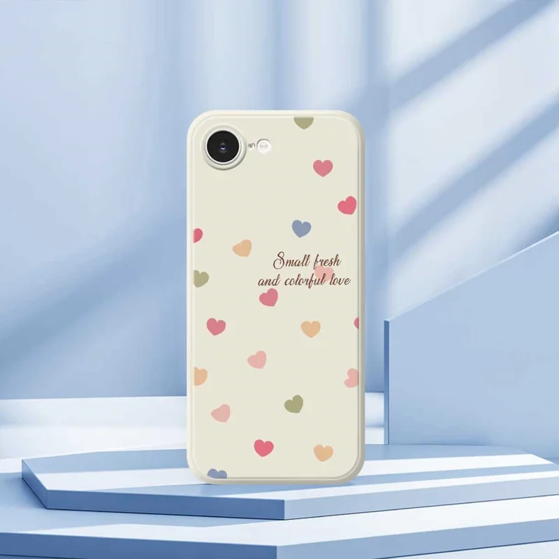 For iPhone 16e Case Colorful Love Pattern Printing Straight Edge TPU Phone Back Cover - Beige