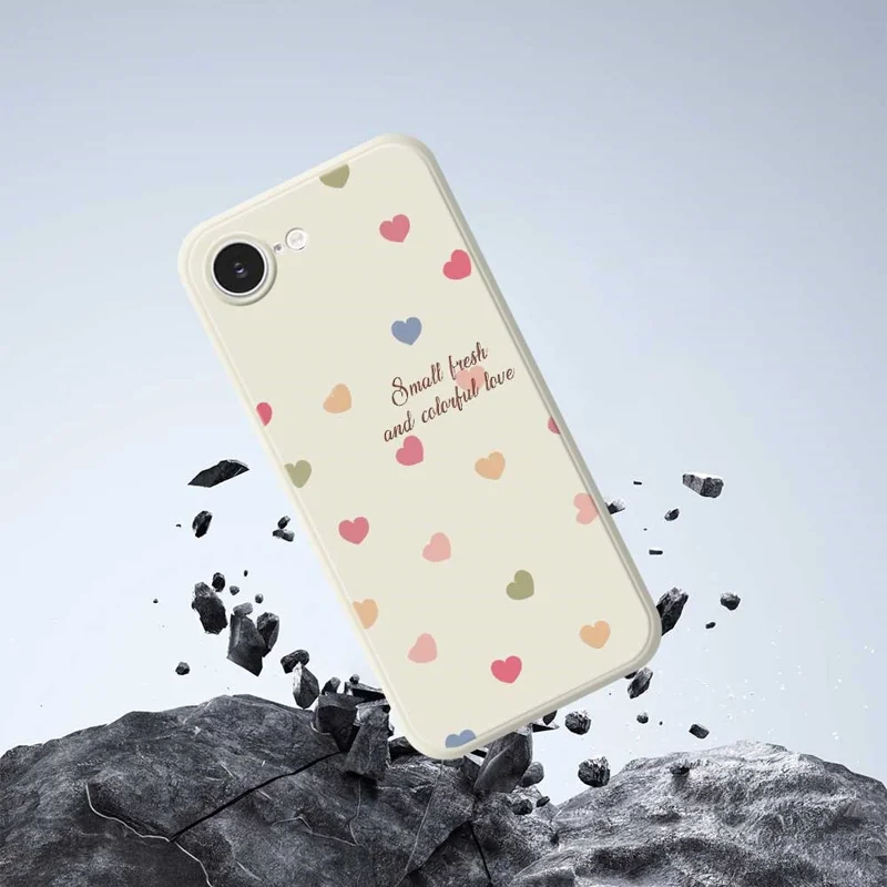 For iPhone 16e Case Colorful Love Pattern Printing Straight Edge TPU Phone Back Cover - Beige