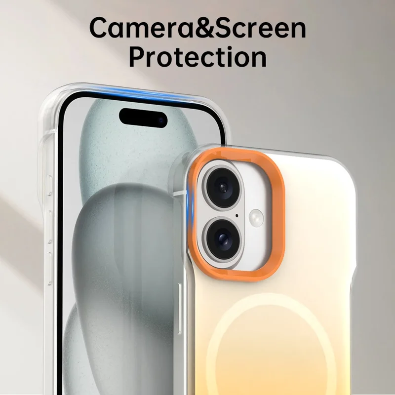 For iPhone 16 Plus Magnetic Case Gradient Design Borderless IMD TPU + PC + PET Phone Cover - Orange