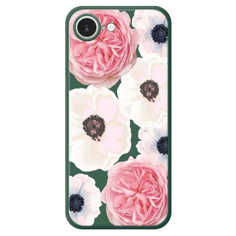For iPhone 17e / 16e Case White and Pink Flower Pattern Printing Straight Edge TPU Phone Back Cover - Green