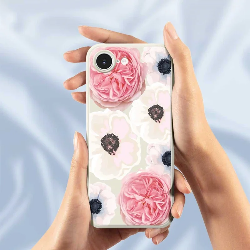 For iPhone 17e / 16e Case White and Pink Flower Pattern Printing Straight Edge TPU Phone Back Cover - Green