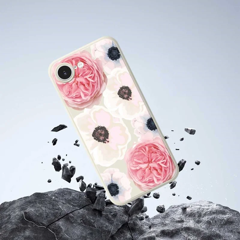 For iPhone 17e / 16e Case White and Pink Flower Pattern Printing Straight Edge TPU Phone Back Cover - Green
