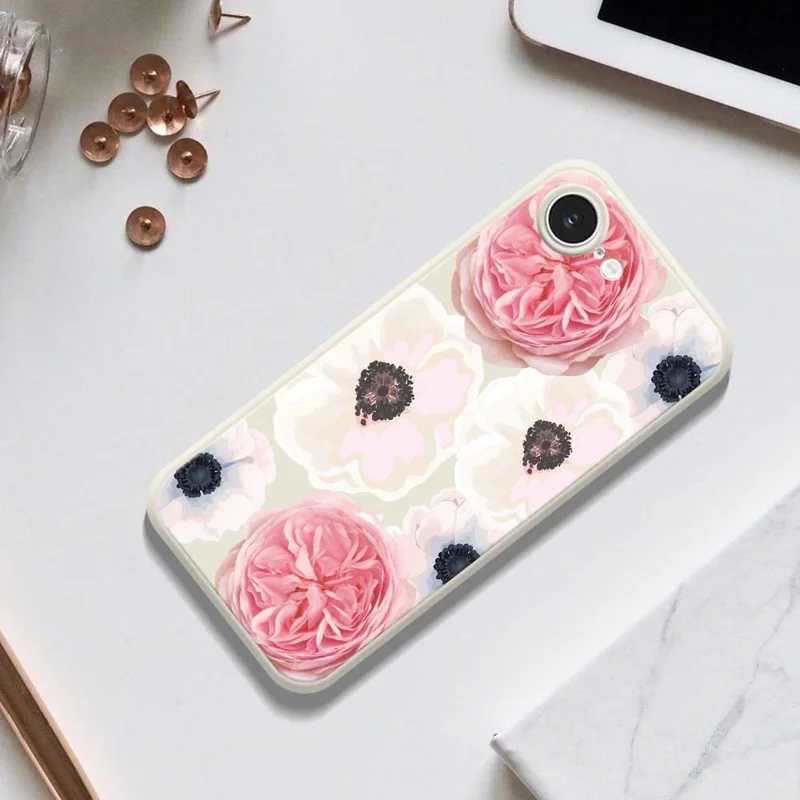 For iPhone 17e / 16e Case White and Pink Flower Pattern Printing Straight Edge TPU Phone Back Cover - Green