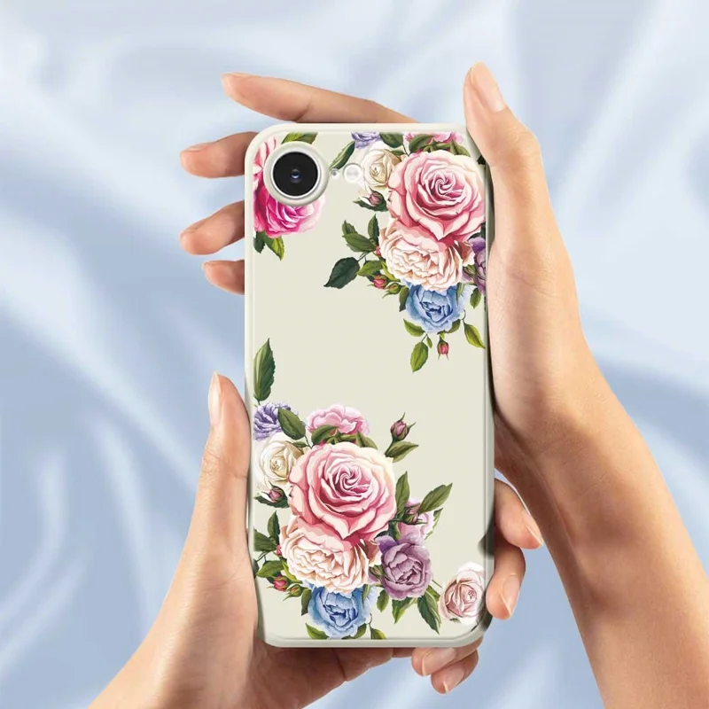 For iPhone 16e Case Peony Pattern Printing Straight Edge TPU Phone Back Cover - Beige
