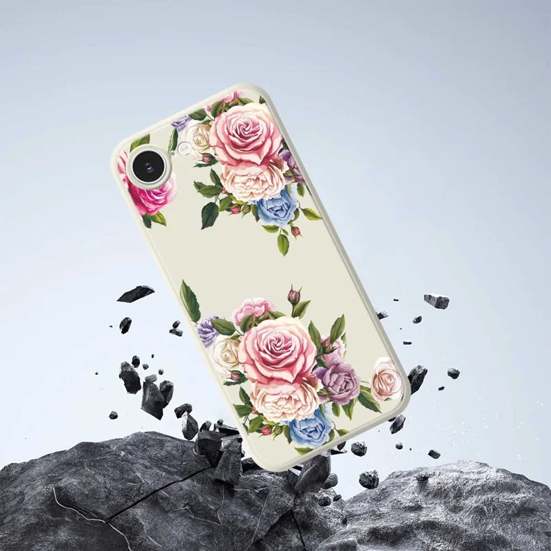 For iPhone 16e Case Peony Pattern Printing Straight Edge TPU Phone Back Cover - Beige