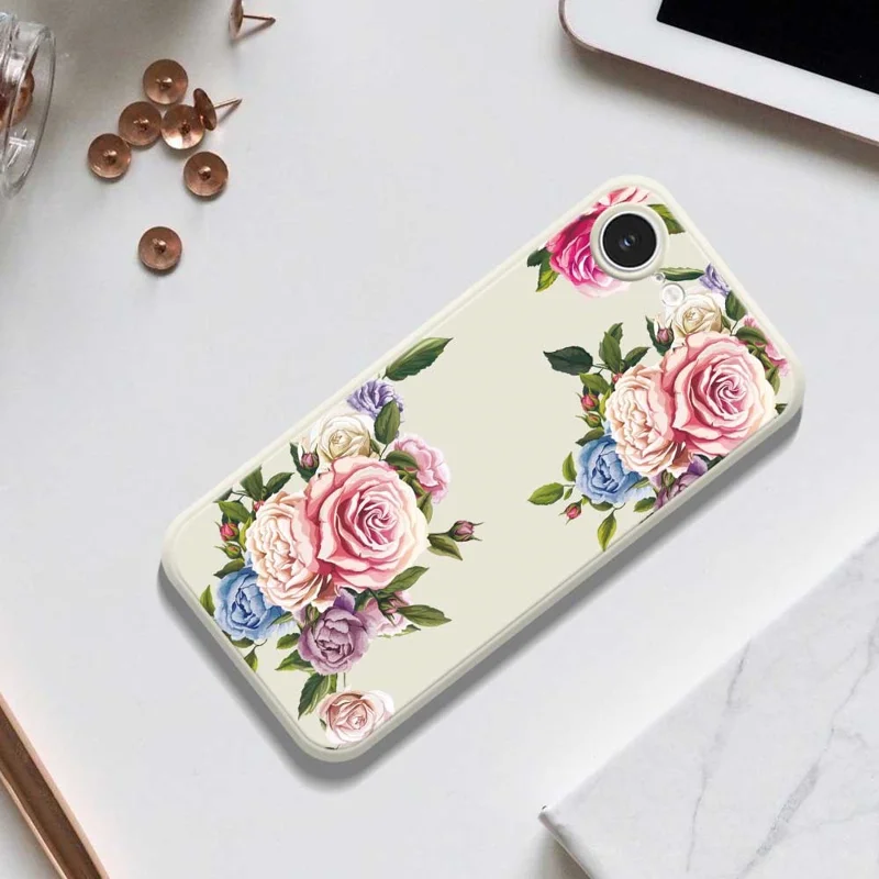 For iPhone 16e Case Peony Pattern Printing Straight Edge TPU Phone Back Cover - Beige