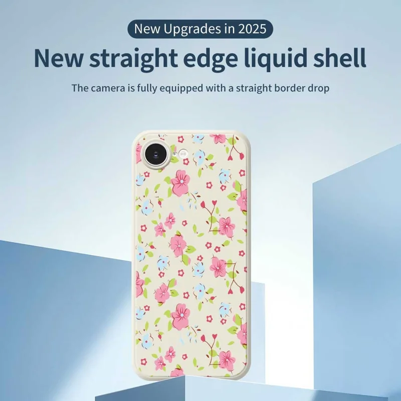 For iPhone 16e Case Pink and Blue Flowers Pattern Printing Straight Edge TPU Phone Back Cover - Beige