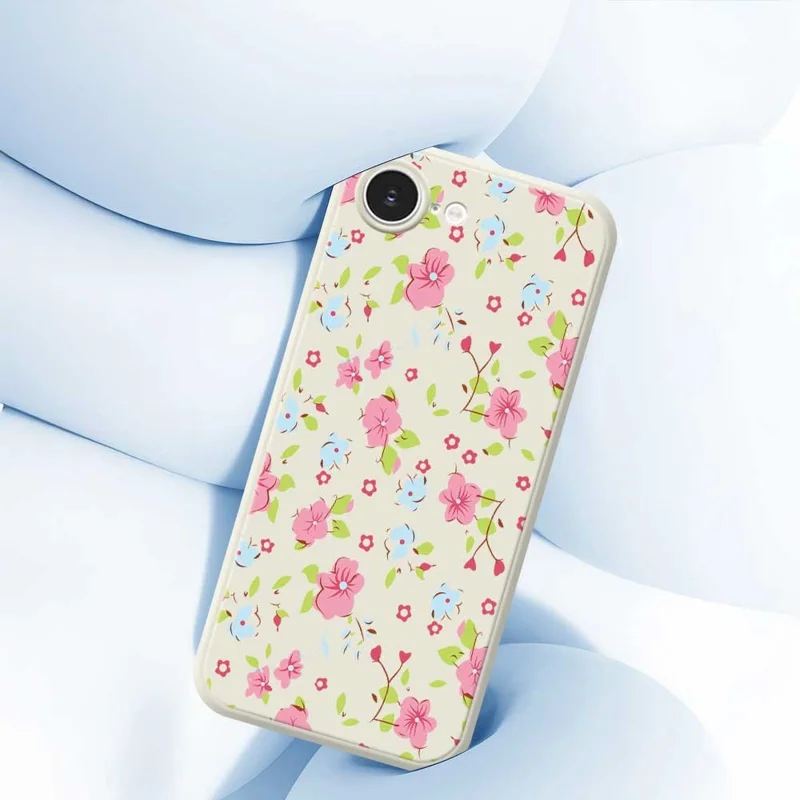 For iPhone 16e Case Pink and Blue Flowers Pattern Printing Straight Edge TPU Phone Back Cover - Beige