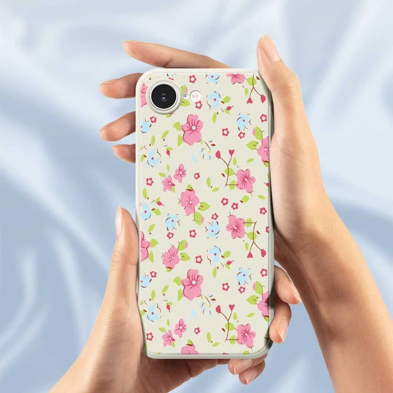 For iPhone 16e Case Pink and Blue Flowers Pattern Printing Straight Edge TPU Phone Back Cover - Beige