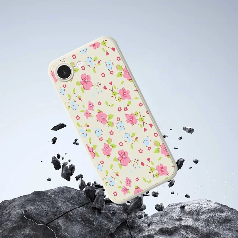 For iPhone 16e Case Pink and Blue Flowers Pattern Printing Straight Edge TPU Phone Back Cover - Beige
