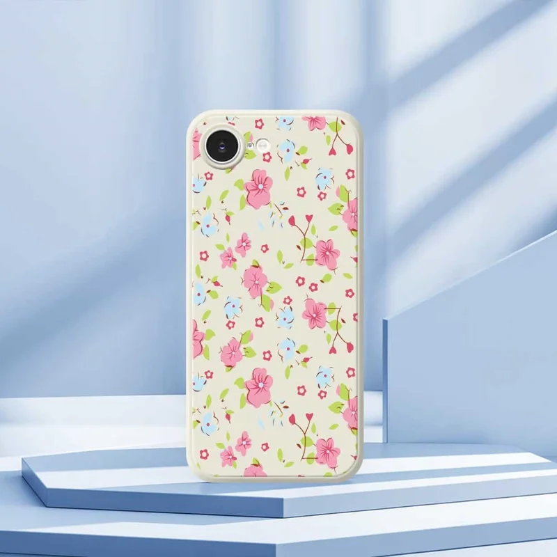 For iPhone 16e Case Pink and Blue Flowers Pattern Printing Straight Edge TPU Phone Back Cover - Beige