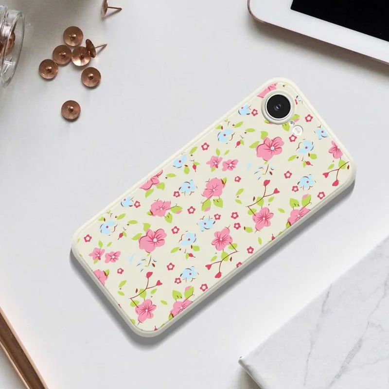 For iPhone 16e Case Pink and Blue Flowers Pattern Printing Straight Edge TPU Phone Back Cover - Beige