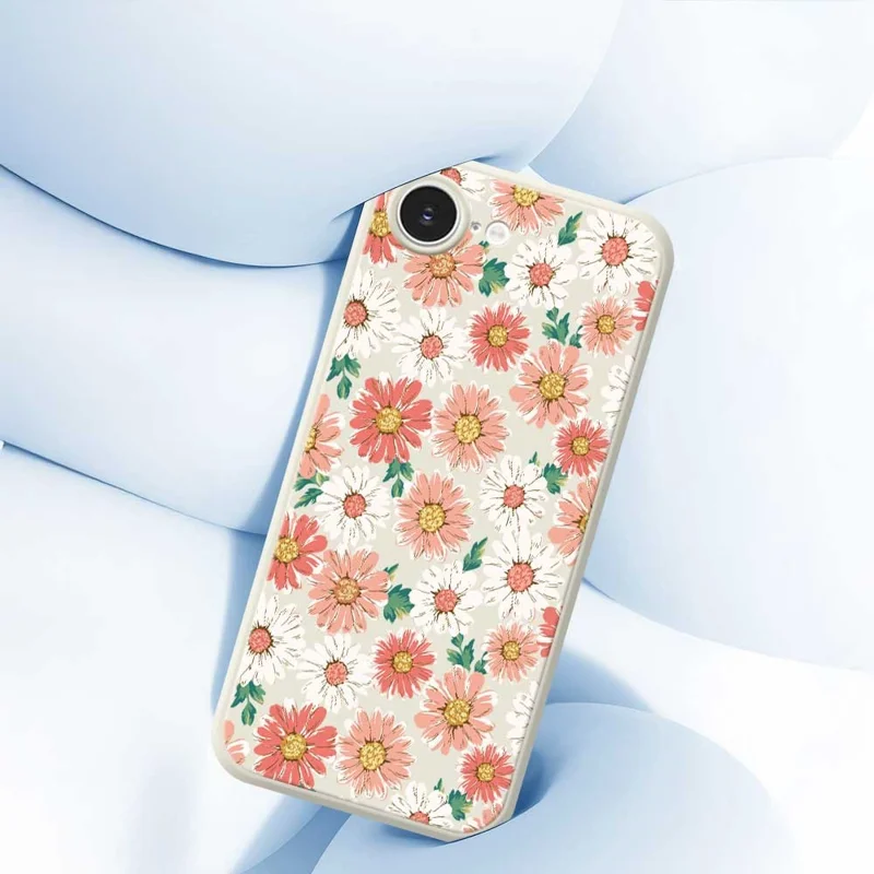 For iPhone 16e Case Chrysanthemum Pattern Printing Straight Edge TPU Phone Back Cover - Beige
