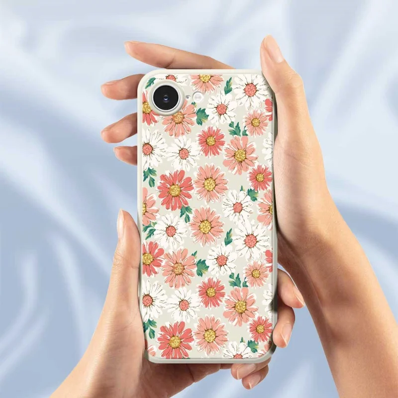 For iPhone 16e Case Chrysanthemum Pattern Printing Straight Edge TPU Phone Back Cover - Beige