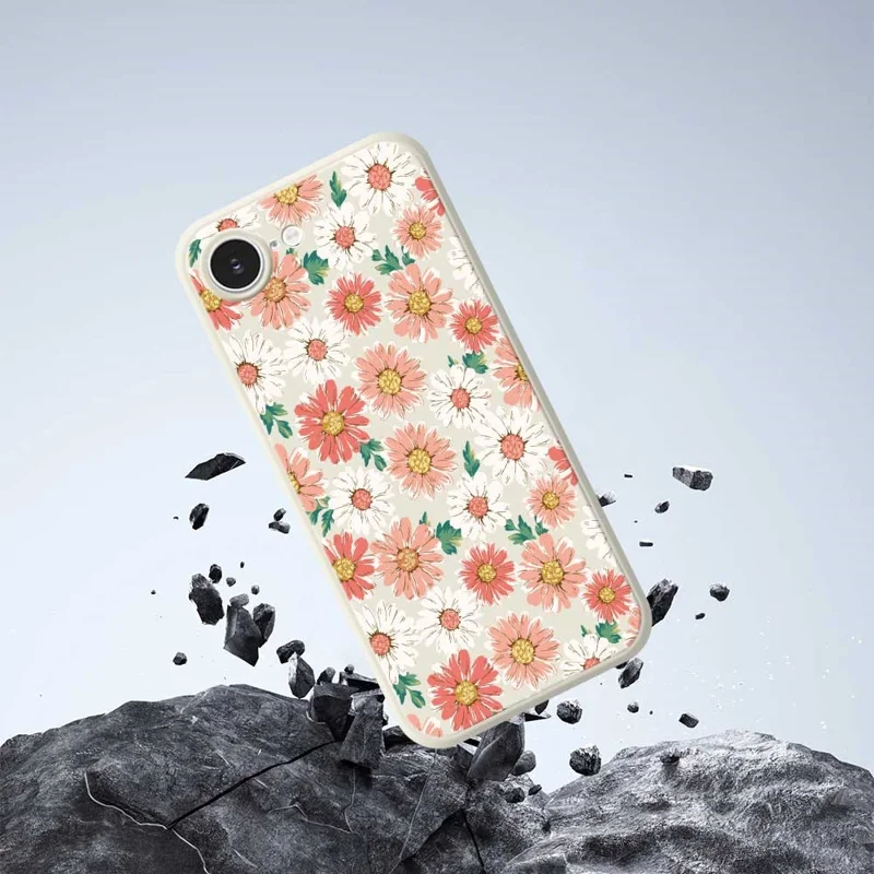 For iPhone 16e Case Chrysanthemum Pattern Printing Straight Edge TPU Phone Back Cover - Beige