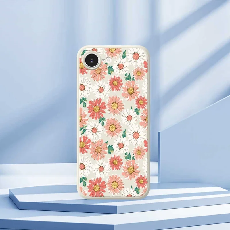 For iPhone 16e Case Chrysanthemum Pattern Printing Straight Edge TPU Phone Back Cover - Beige