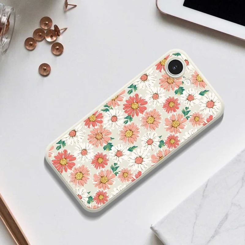 For iPhone 16e Case Chrysanthemum Pattern Printing Straight Edge TPU Phone Back Cover - Beige