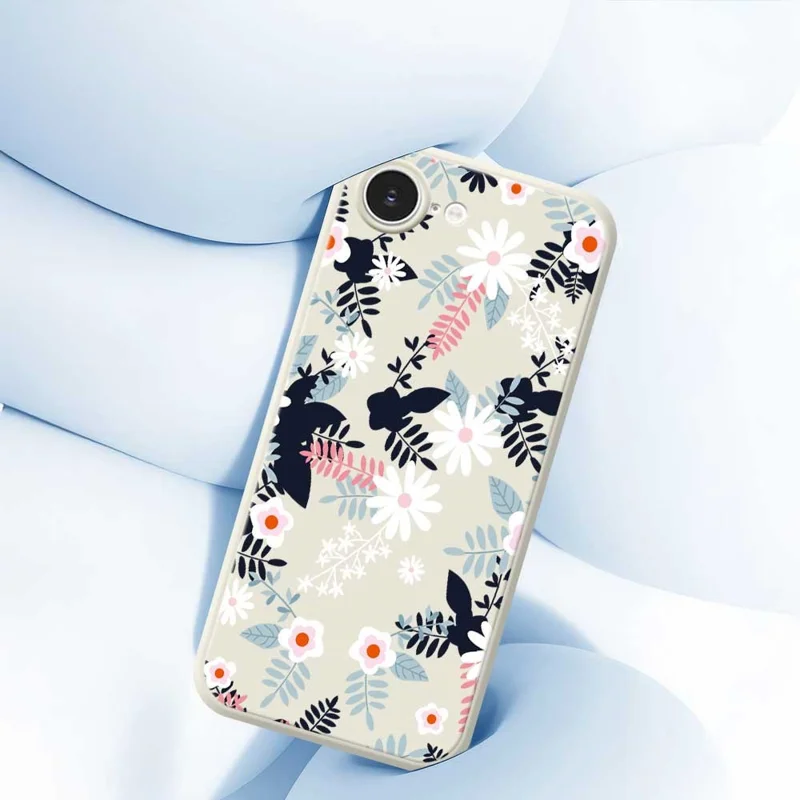 For iPhone 16e Case Flowers and Leaves Pattern Printing Straight Edge TPU Phone Back Cover - Beige