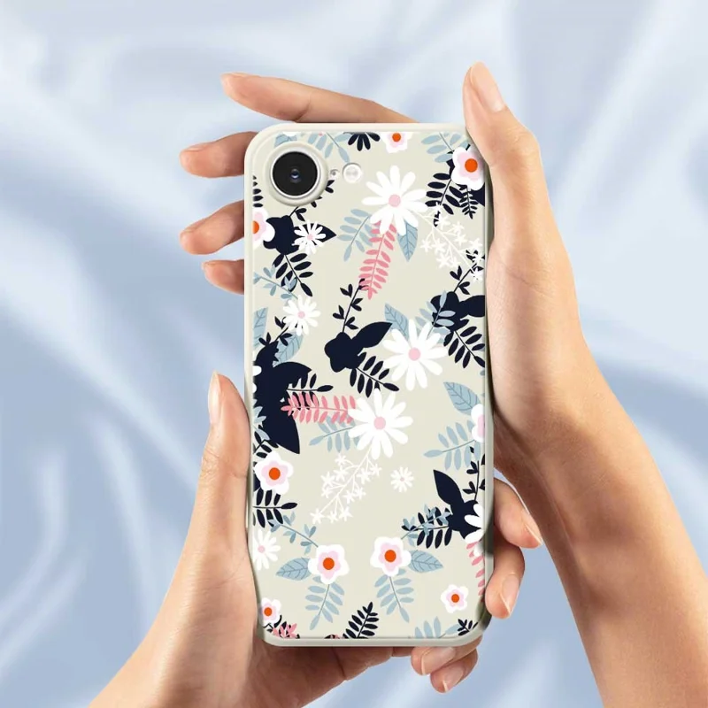 For iPhone 16e Case Flowers and Leaves Pattern Printing Straight Edge TPU Phone Back Cover - Beige