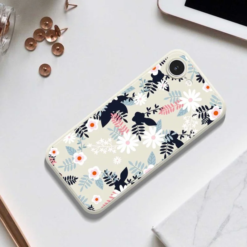 For iPhone 16e Case Flowers and Leaves Pattern Printing Straight Edge TPU Phone Back Cover - Beige