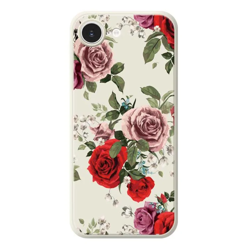 For iPhone 16e Case Red and Pink Flowers Pattern Printing Straight Edge TPU Phone Back Cover - Beige