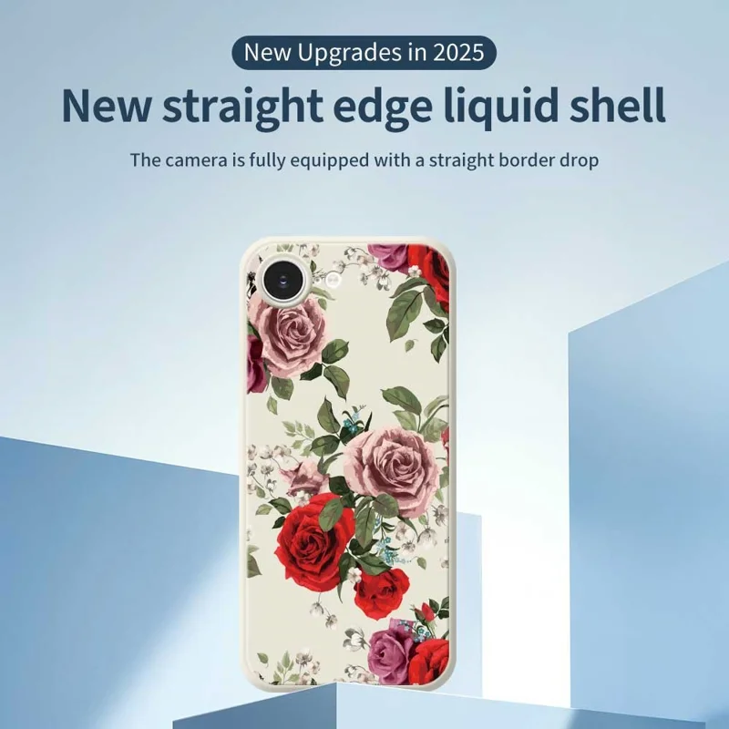 For iPhone 16e Case Red and Pink Flowers Pattern Printing Straight Edge TPU Phone Back Cover - Beige