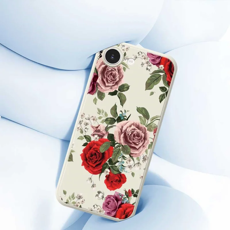 For iPhone 16e Case Red and Pink Flowers Pattern Printing Straight Edge TPU Phone Back Cover - Beige