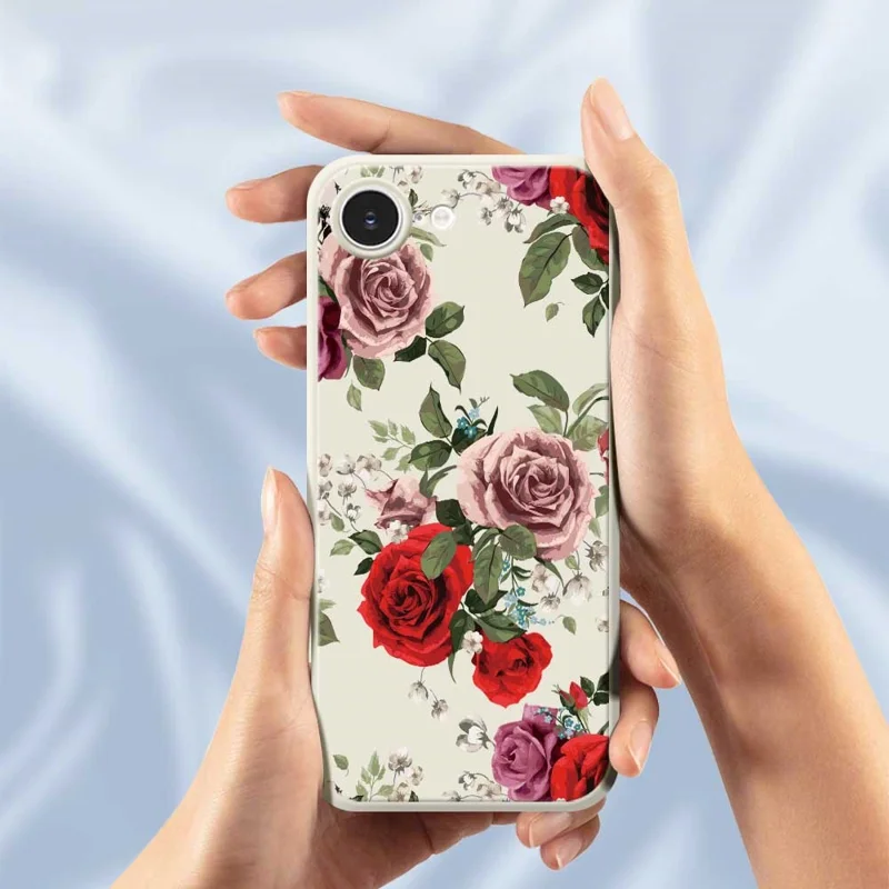 For iPhone 16e Case Red and Pink Flowers Pattern Printing Straight Edge TPU Phone Back Cover - Beige