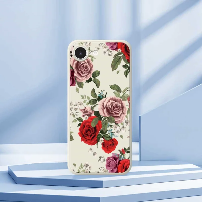 For iPhone 16e Case Red and Pink Flowers Pattern Printing Straight Edge TPU Phone Back Cover - Beige