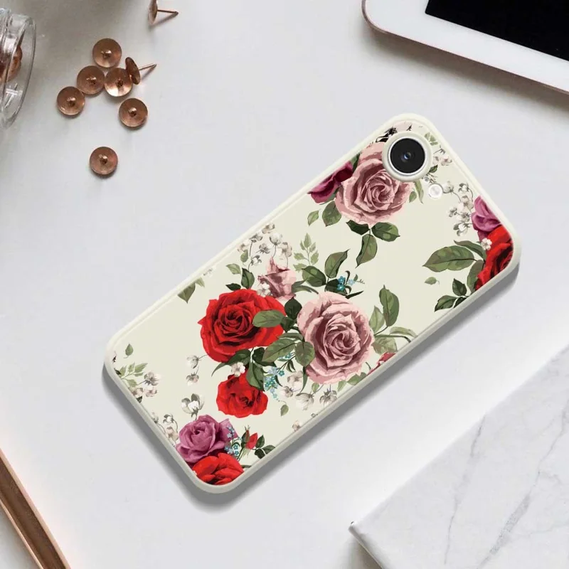 For iPhone 16e Case Red and Pink Flowers Pattern Printing Straight Edge TPU Phone Back Cover - Beige