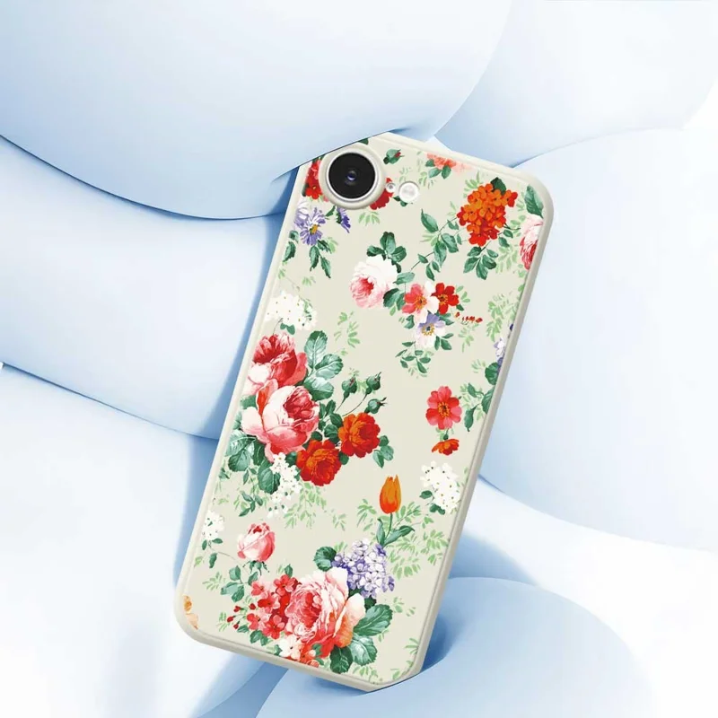 TPU-telefoonhoesje voor iPhone 16e met kleurrijk bloemenpatroon, rechte rand, achterkant - Beige
