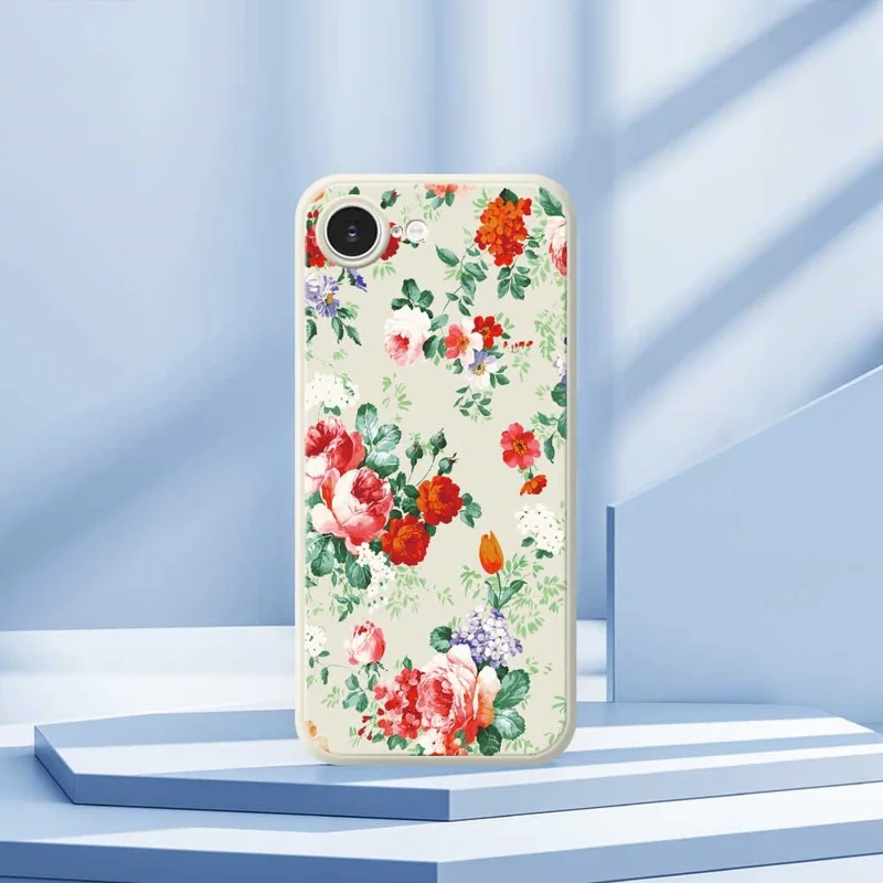TPU-telefoonhoesje voor iPhone 16e met kleurrijk bloemenpatroon, rechte rand, achterkant - Beige