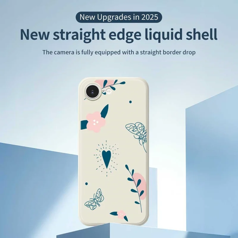 For iPhone 16e Case Blue Love Pink Flower Pattern Printing Straight Edge TPU Phone Back Cover - Beige