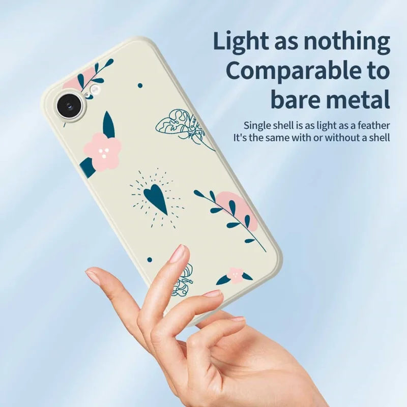 For iPhone 16e Case Blue Love Pink Flower Pattern Printing Straight Edge TPU Phone Back Cover - Beige