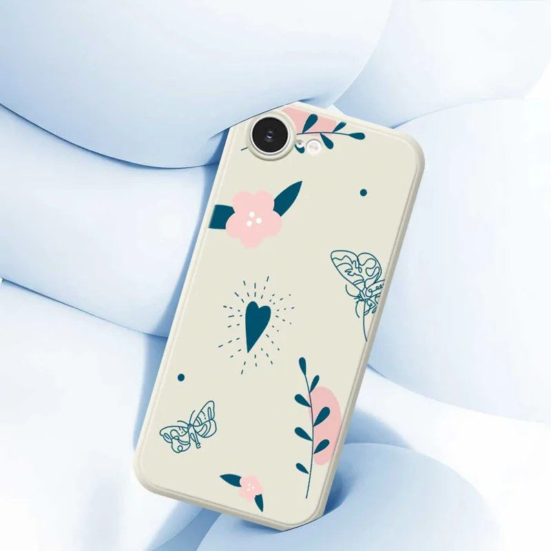 For iPhone 16e Case Blue Love Pink Flower Pattern Printing Straight Edge TPU Phone Back Cover - Beige
