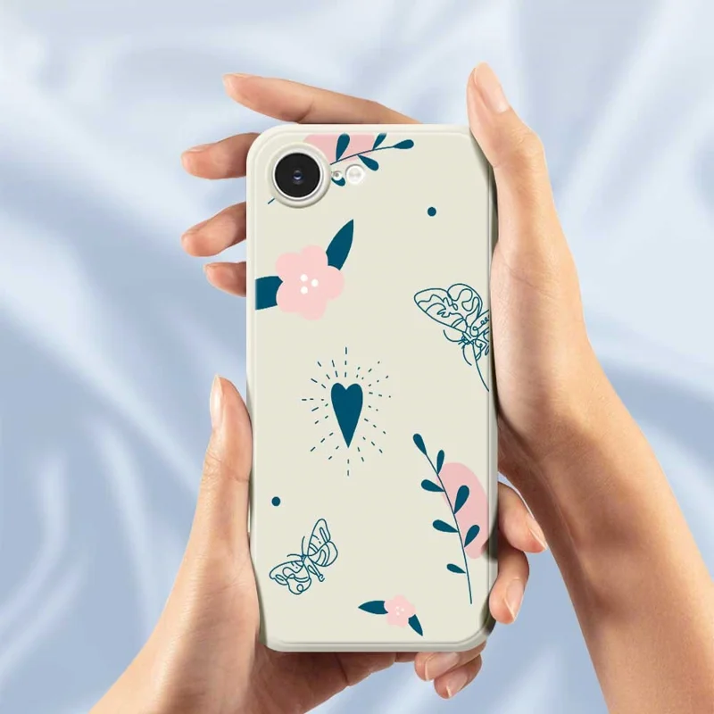 For iPhone 16e Case Blue Love Pink Flower Pattern Printing Straight Edge TPU Phone Back Cover - Beige