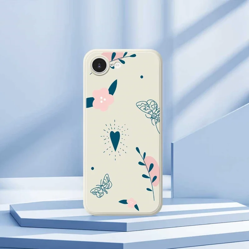 For iPhone 16e Case Blue Love Pink Flower Pattern Printing Straight Edge TPU Phone Back Cover - Beige