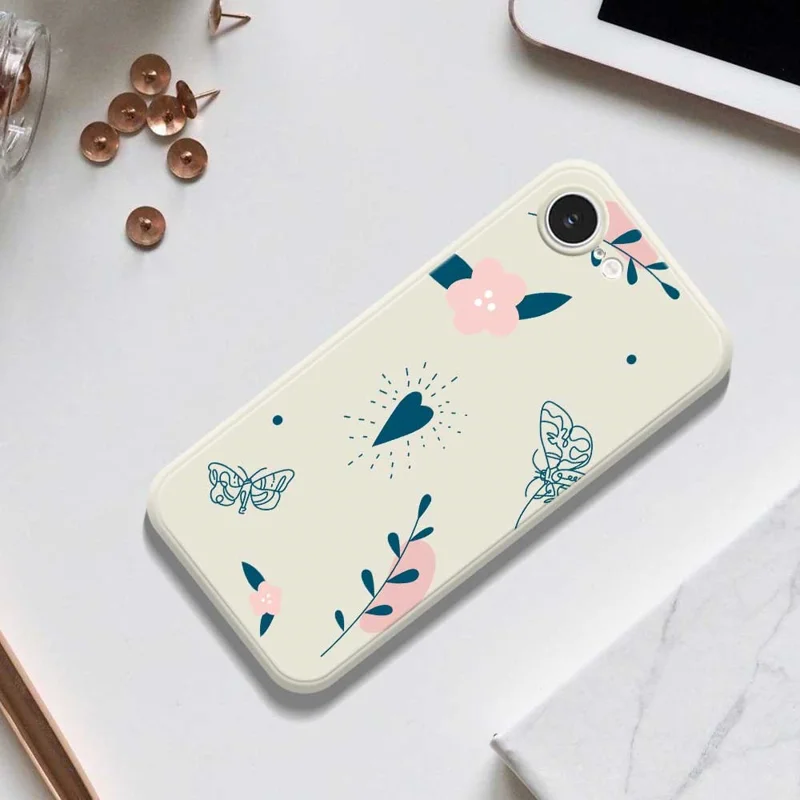 For iPhone 16e Case Blue Love Pink Flower Pattern Printing Straight Edge TPU Phone Back Cover - Beige