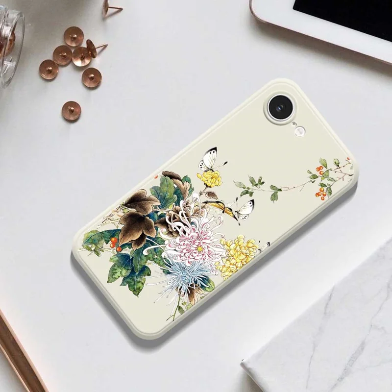 For iPhone 16e Case Butterfly Chrysanthemum Pattern Printing Straight Edge TPU Phone Back Cover - Beige