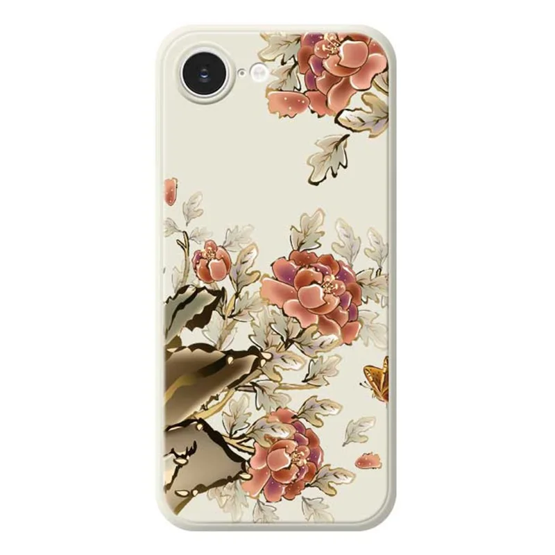For iPhone 16e Case Red Flowers Pattern Printing Straight Edge TPU Phone Back Cover - Beige