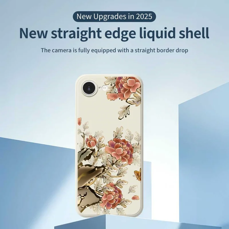 For iPhone 16e Case Red Flowers Pattern Printing Straight Edge TPU Phone Back Cover - Beige