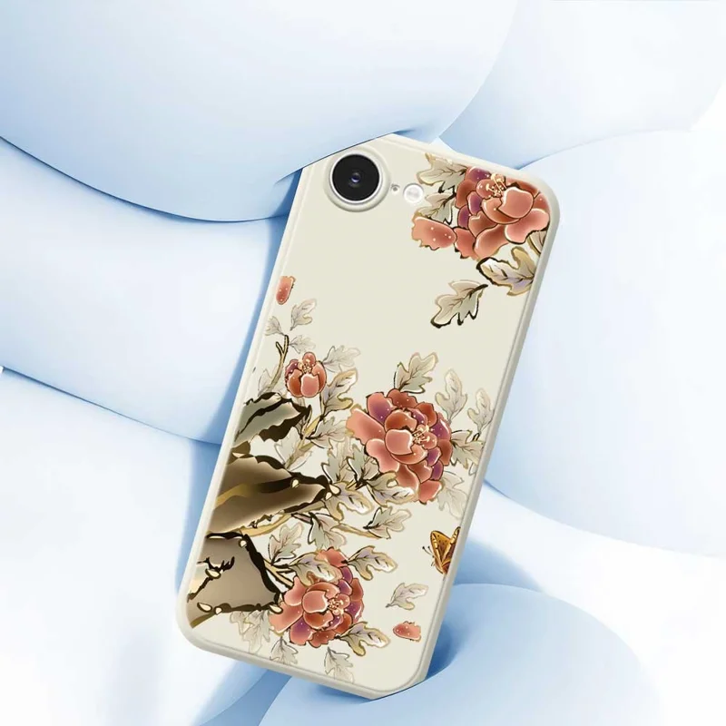 For iPhone 16e Case Red Flowers Pattern Printing Straight Edge TPU Phone Back Cover - Beige