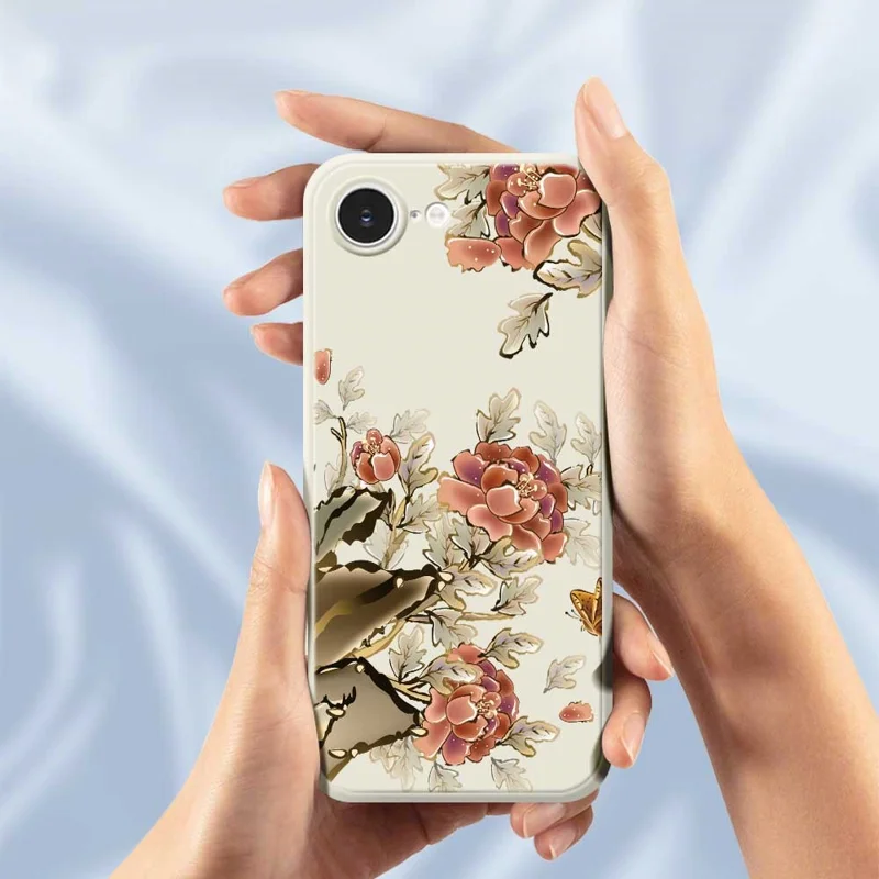 For iPhone 16e Case Red Flowers Pattern Printing Straight Edge TPU Phone Back Cover - Beige